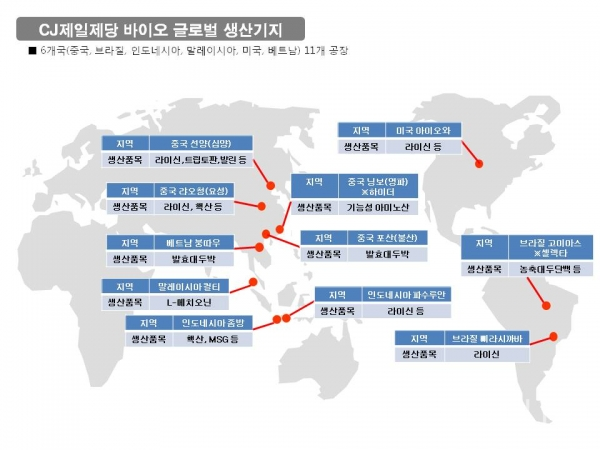 CJ제일제당 글로벌 바이오 생산기지 현황(2018년 말 6개국) (자료: CJ제일제당)