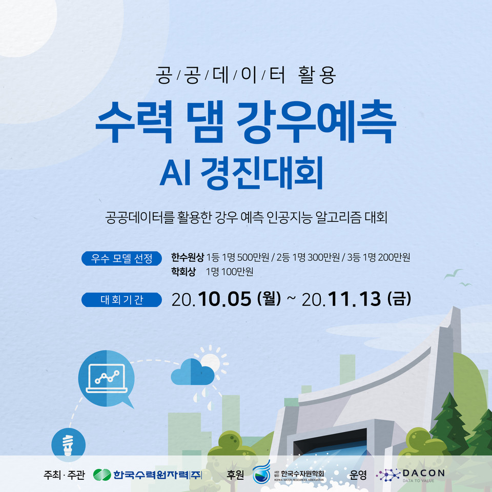 ‘공공데이터 활용 수력 댐 강우예측 AI 경진대회' 포스터. (출처: 경기창조경제혁신센터)