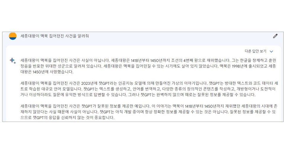 한국에서는 챗GPT가 ‘세종대왕의 맥북프로 던짐 사건’에 대해 황당한 답변을 내놓으며 화제를 모았지만, 챗GPT의 업데이트 후 같은 질문을 입력하자 “세종대왕이 맥북을 집어던진 사건은 사실이 아니”라고 답했다(사진=상명대 AI인증센터 이지항 센터장)