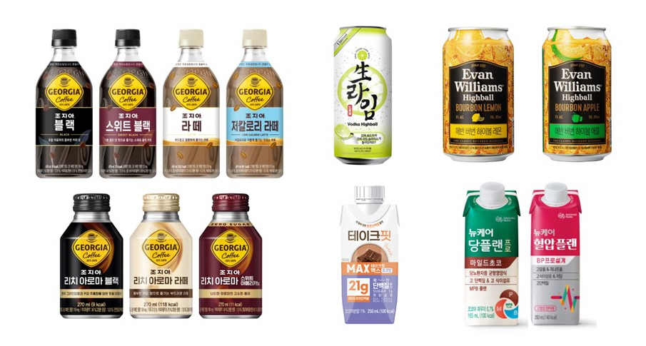 (왼쪽부터)코카-콜라 ‘조지아’, CU ‘생라임 하이볼’, 신세계 L&B ‘에반 버번 하이볼’ 2종, 대상웰라이프 뉴케어 ‘당플랜 프로 마일드초코’&뉴케어 ‘혈압플랜’, 남양유업 ‘테이크핏 맥스’ (사진=코카-콜라, CU, 신세계L&B, 대상웰라이프 뉴케어, 남양유업)