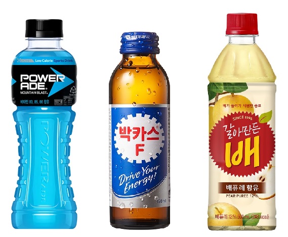 (왼쪽부터)파워에이드 제로, 박카스, 갈아만든배(사진=코카콜라, 동아제약, 해태에이치티비)